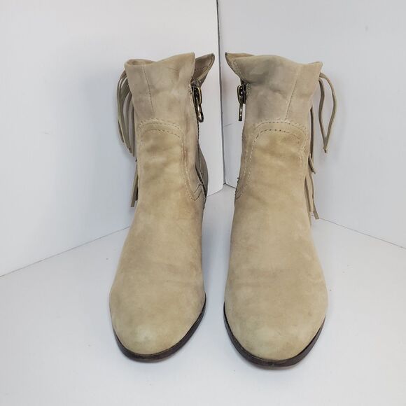 Sam Edelman Louie Western Ankle Boot Beige Fringe Stacked Heel Size 8 - Picture 10 of 16